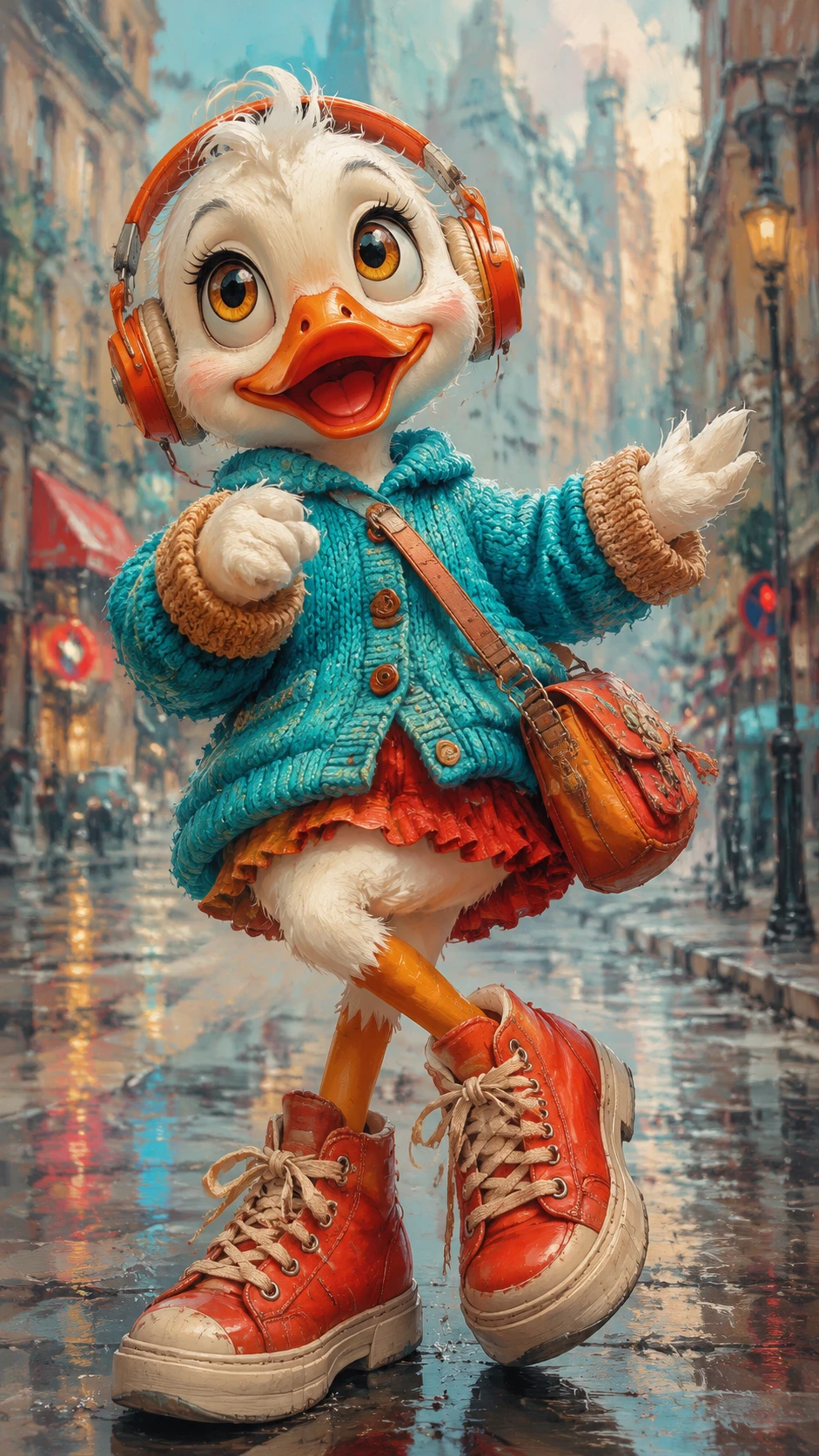雨の街角で踊るカラフルなアヒルのキャラクター