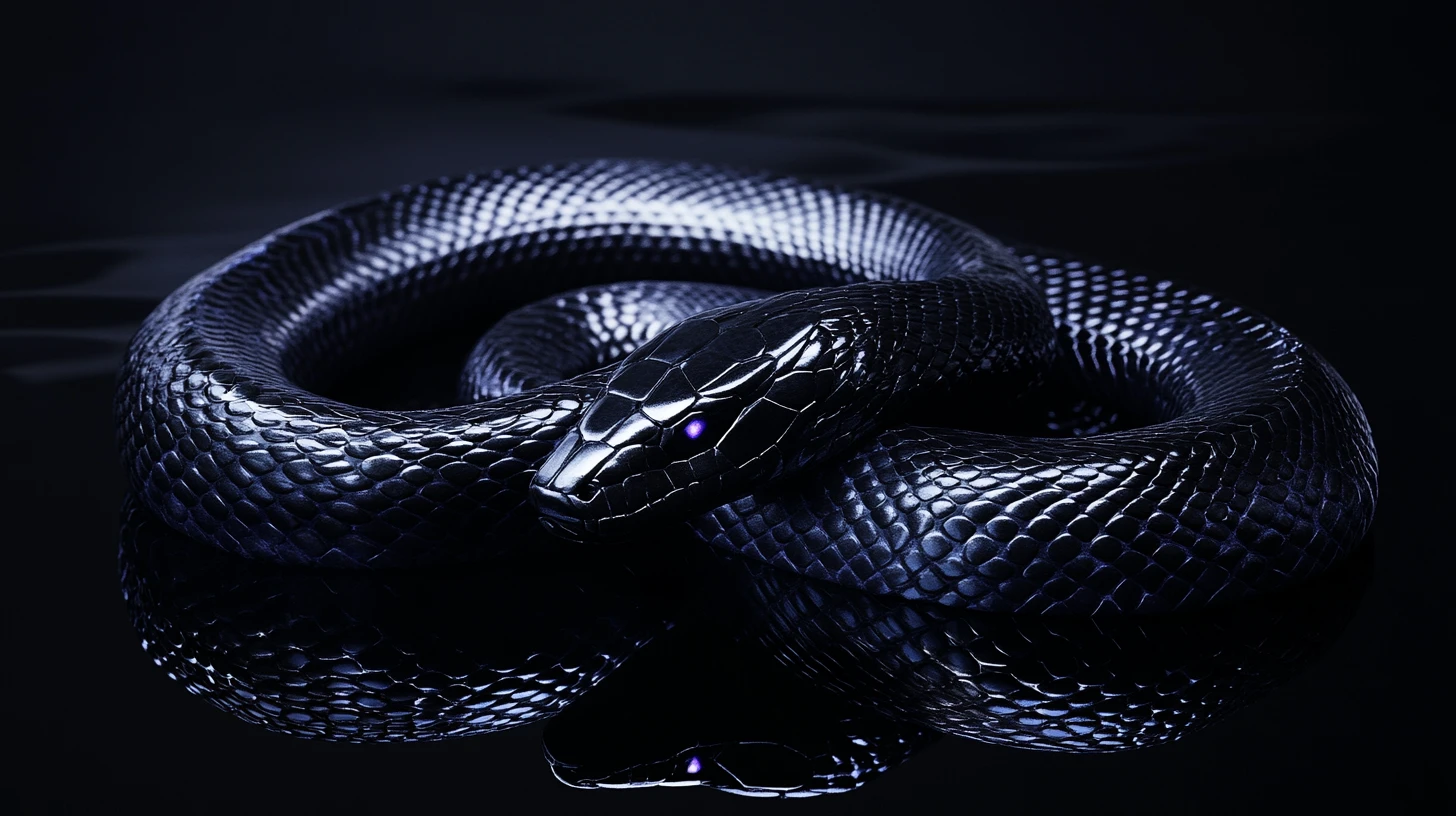 Escultura de serpiente negra en interior gótico bajo un foco
