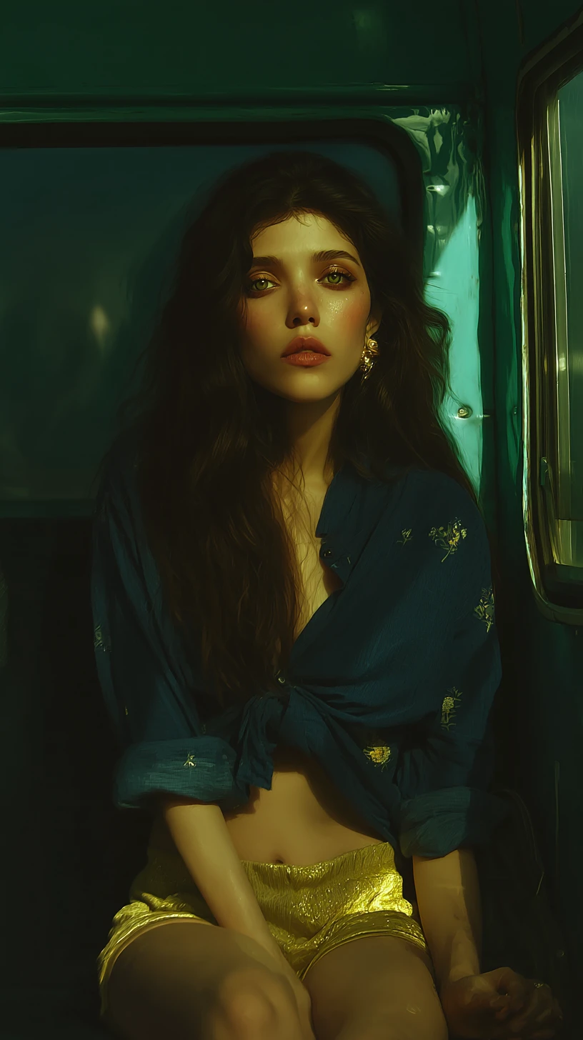 Woman on morning bus with sunlight and cinematic mood