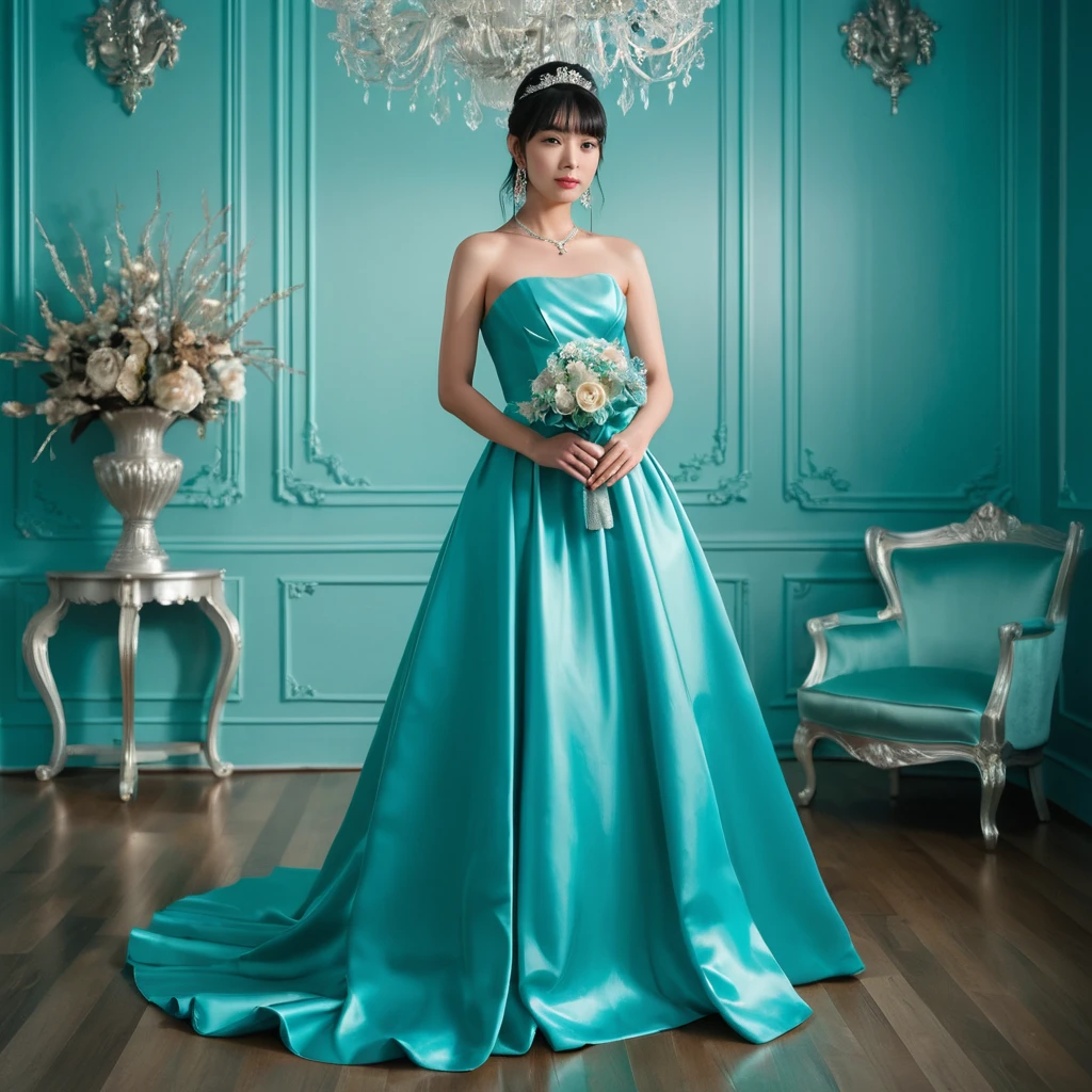 Elegant Japanese bride in turquoise satin ballroom gown