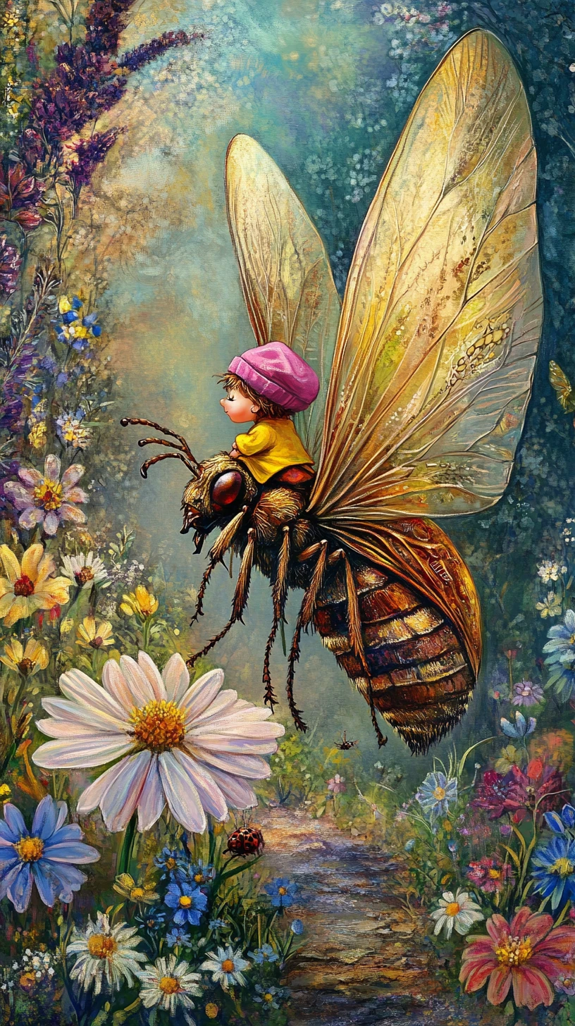 Flying beetle carrying an ant over a blooming meadow