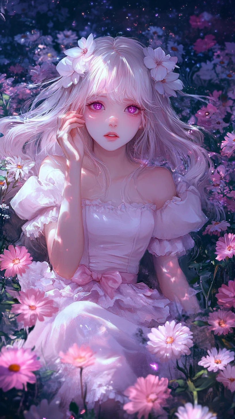 Chica de anime con vestido rosa sentada en un campo de flores mágico
