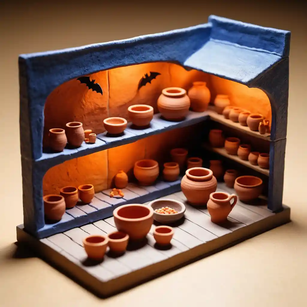 Tiny ceramic workshop diorama glowing with kiln fire