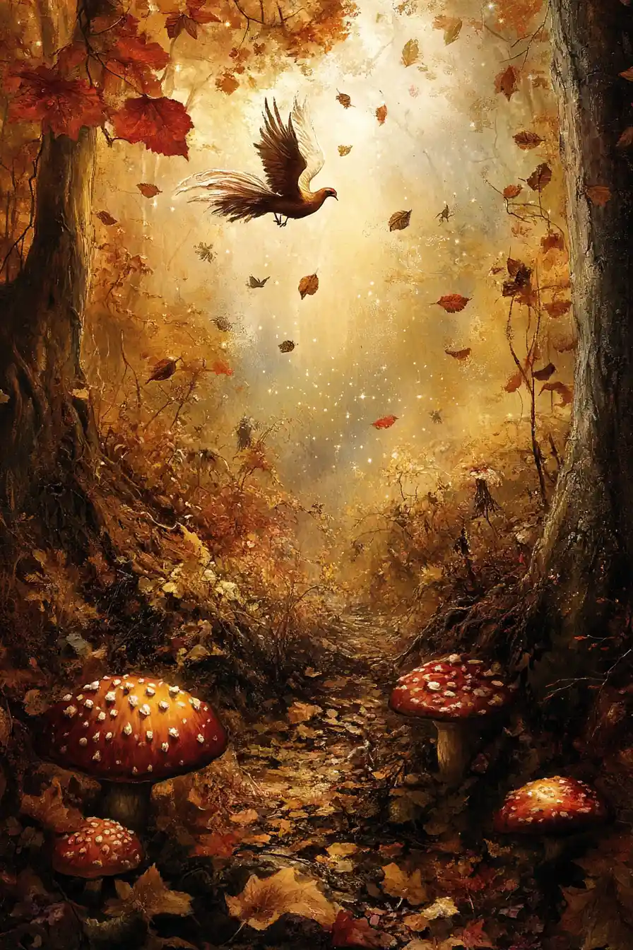 Herbstschlucht mit fallenden Blättern unter einem ruhigen Abendhimmel