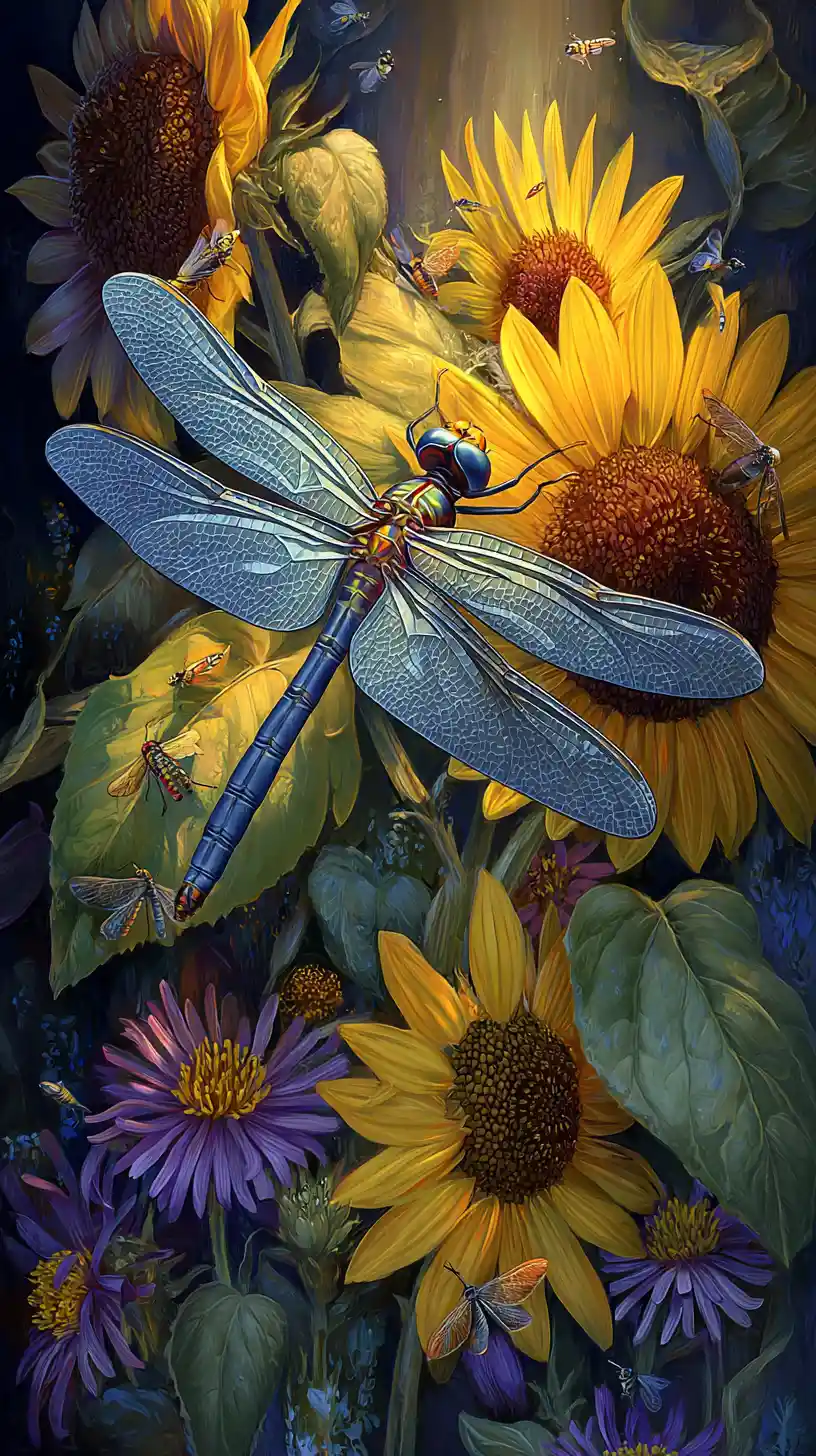 Schillernde Libelle auf leuchtenden Sonnenblumen