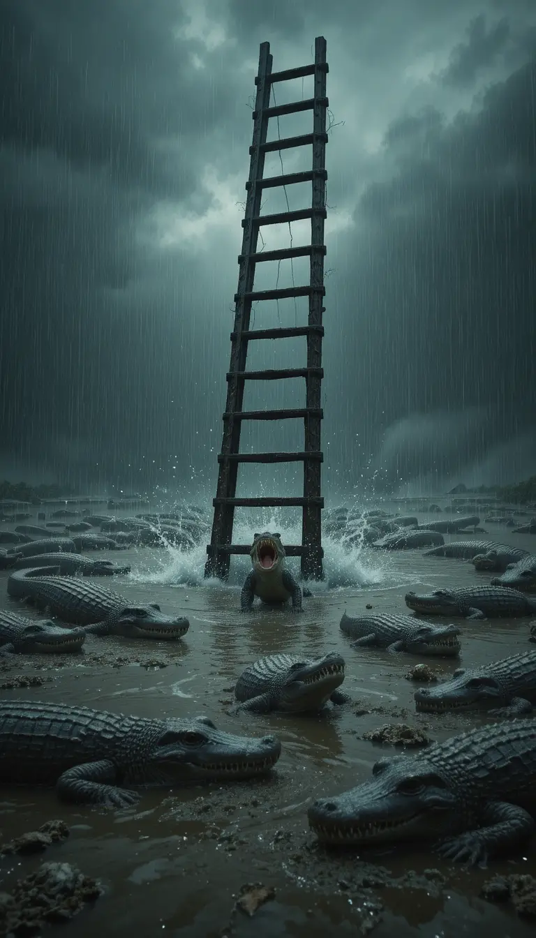 黑暗雨夜沼澤中靠近梯子的迷你鱷魚