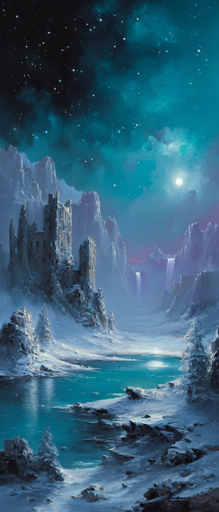 Castillo de fantasía nevado reflejado en un lago a la luz de la luna