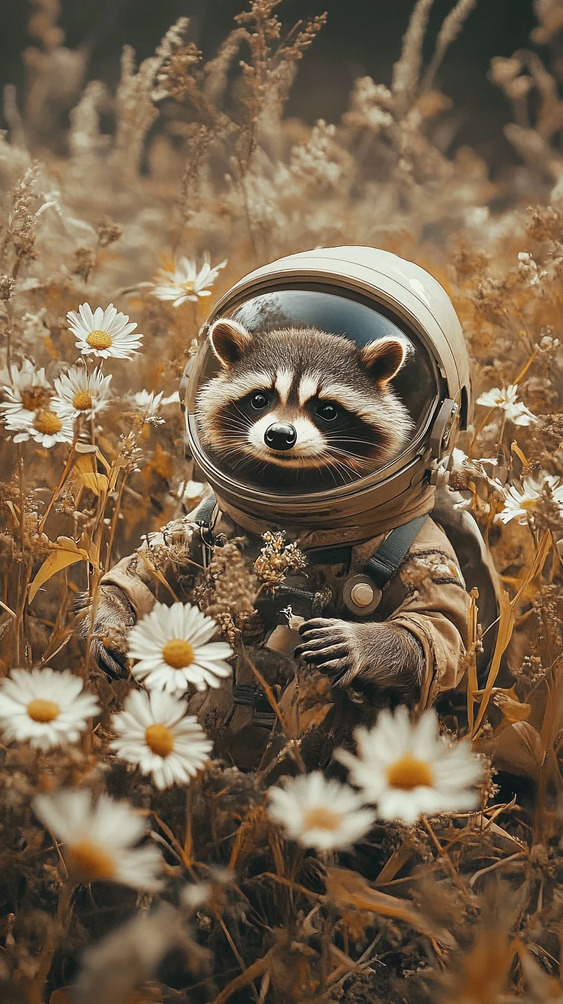 花畑を駆ける陽気なアライグマ宇宙飛行士