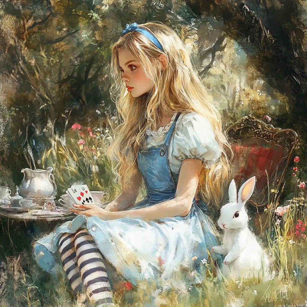 Alice like girl sitting in a magical meadow