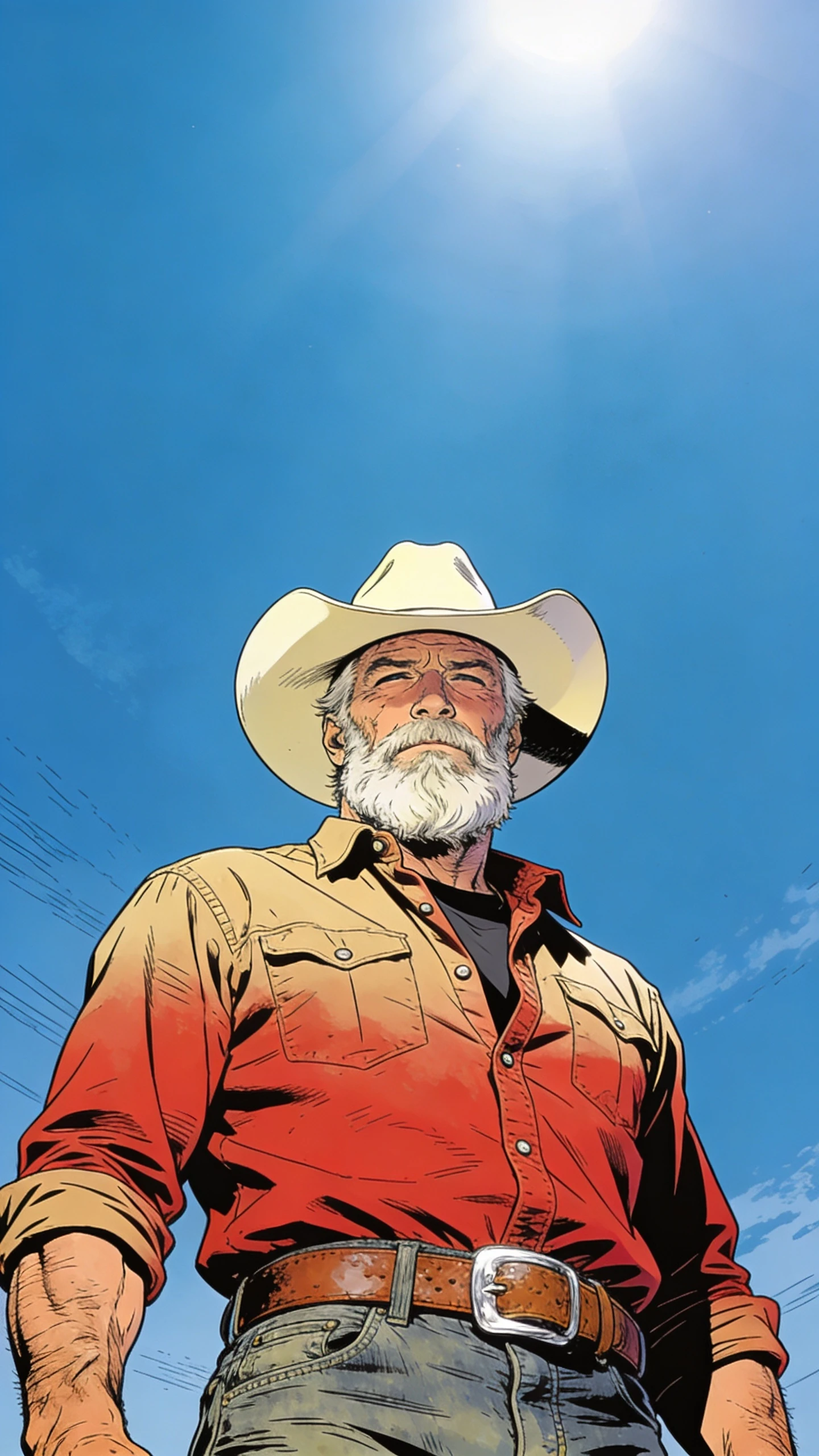 Bearded cowboy in red shirt under a clear blue sky