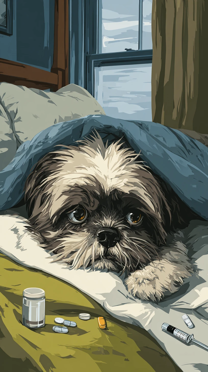 Perro shih tzu enfermo llorando en la cama con medicinas