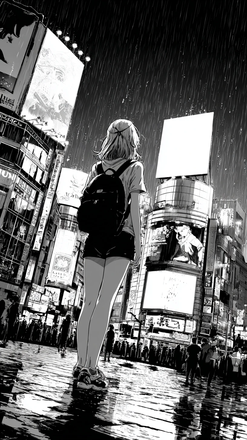 Mujer de anime caminando por una calle de ciudad lluviosa iluminada por neón