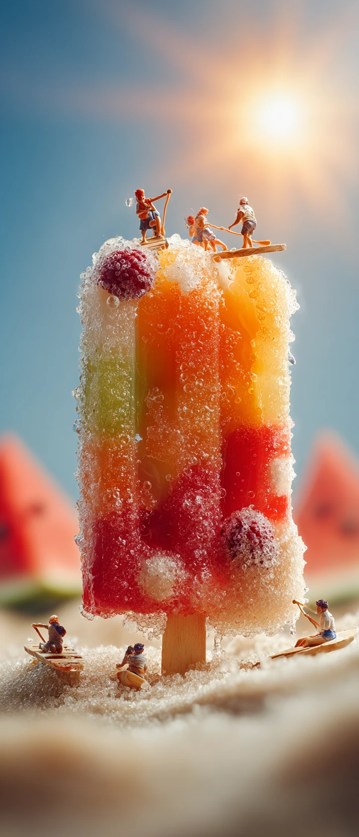Riesiges schmelzendes Eis am heißen Sand mit winzigen Ruderern