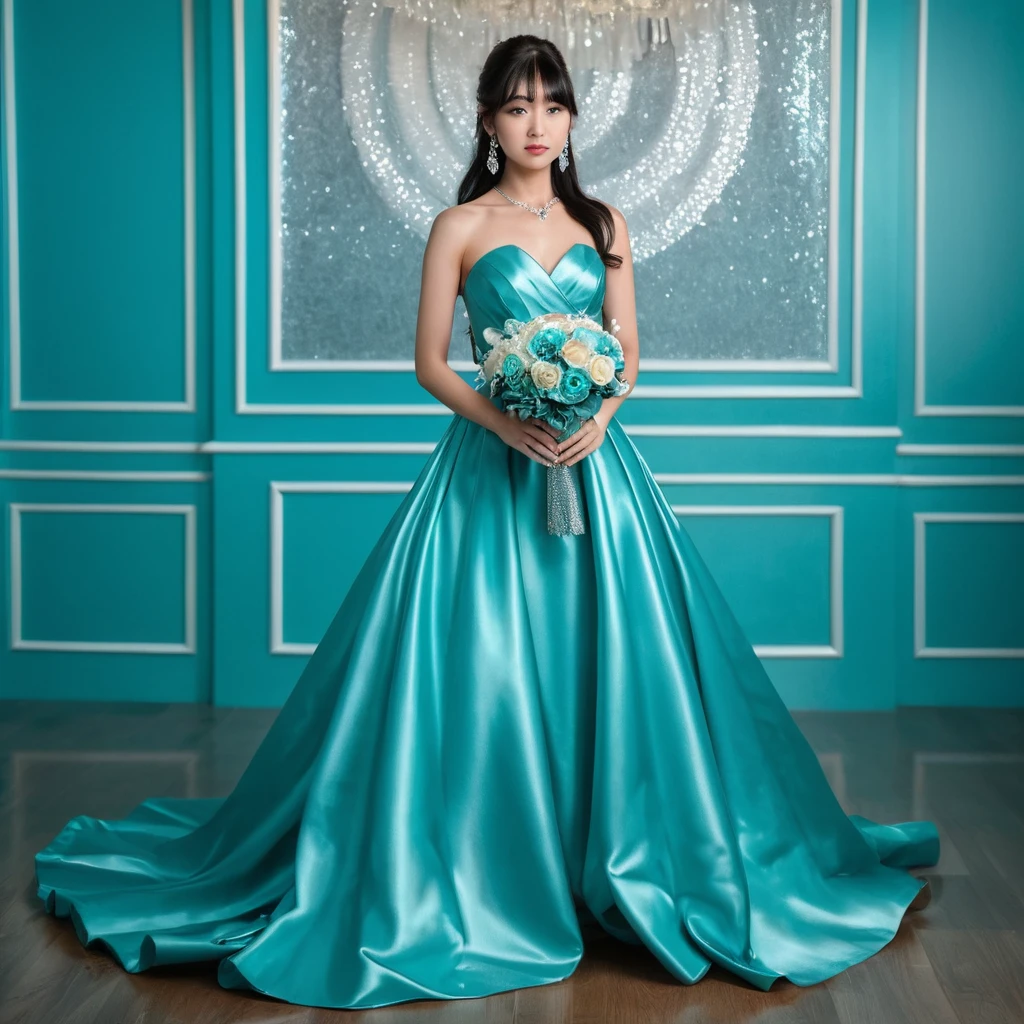 Elegant Japanese bride in glossy turquoise satin gown