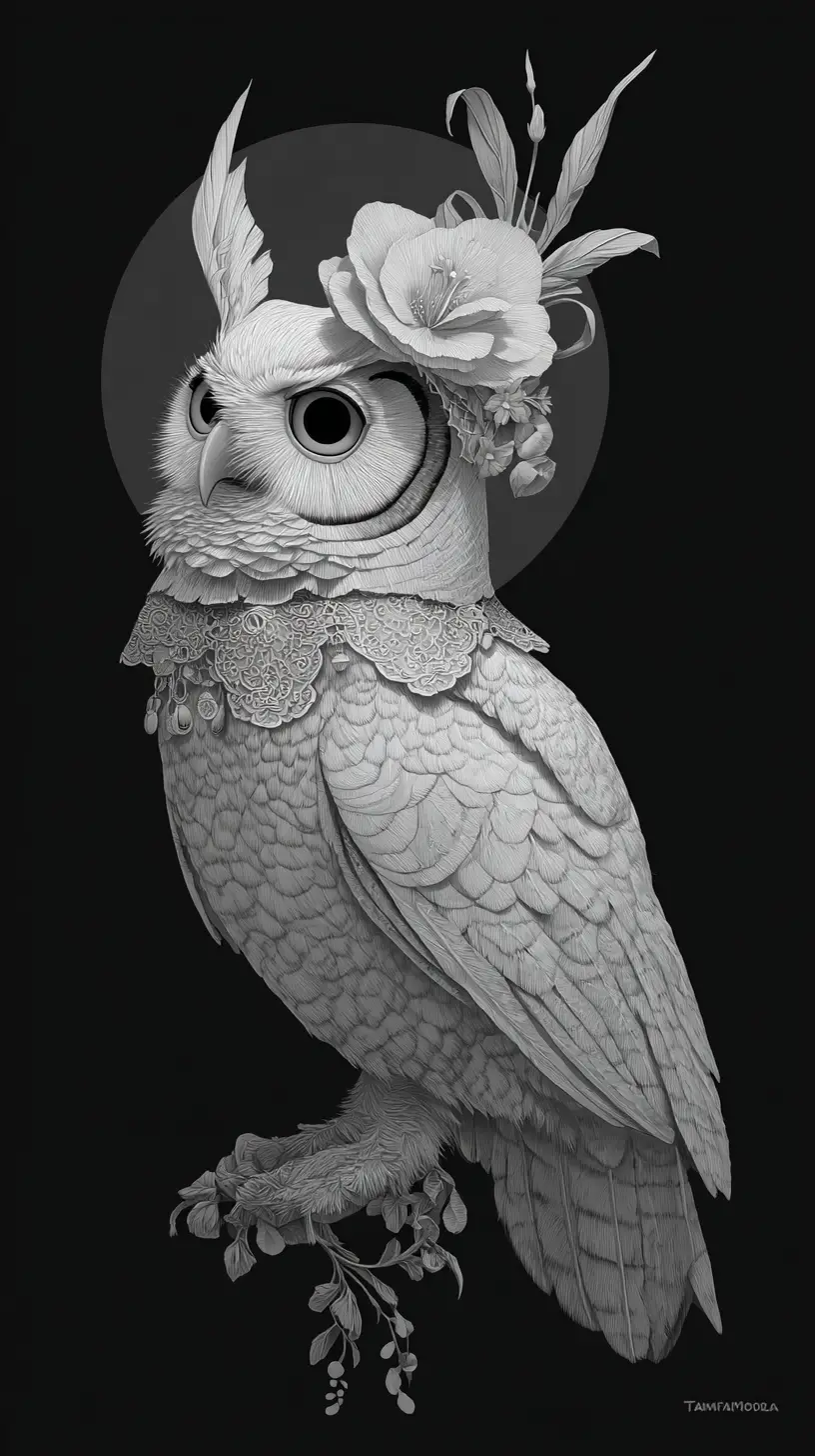Dreamy fantasy owl in surreal outer space couture