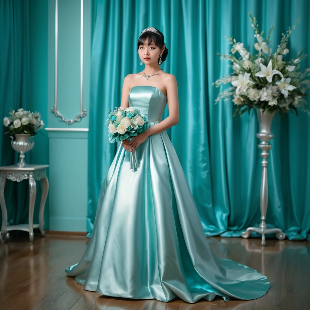 Elegant Japanese bride in glossy turquoise satin gown