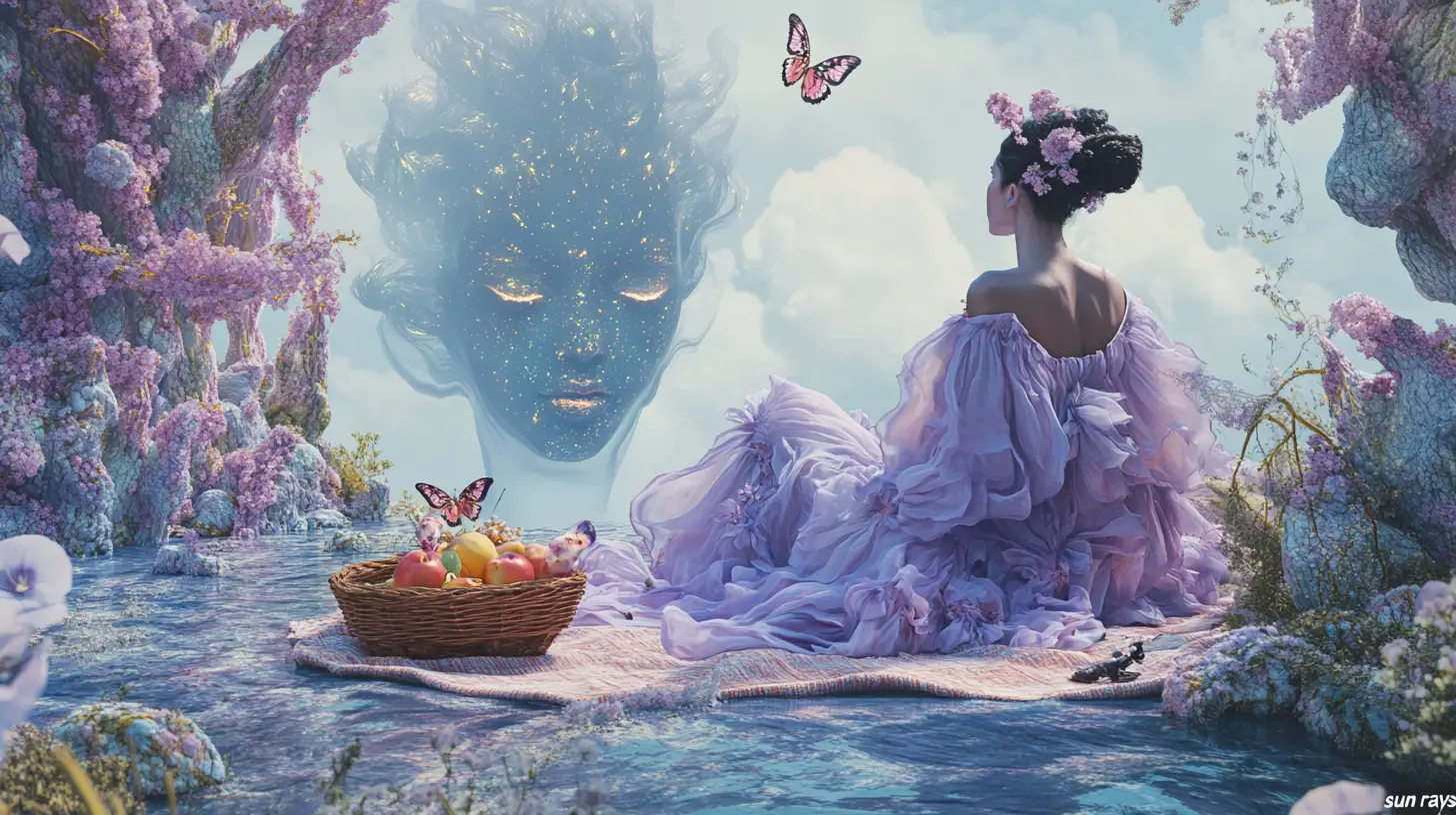 Woman on floating picnic blanket above a glasslike sea