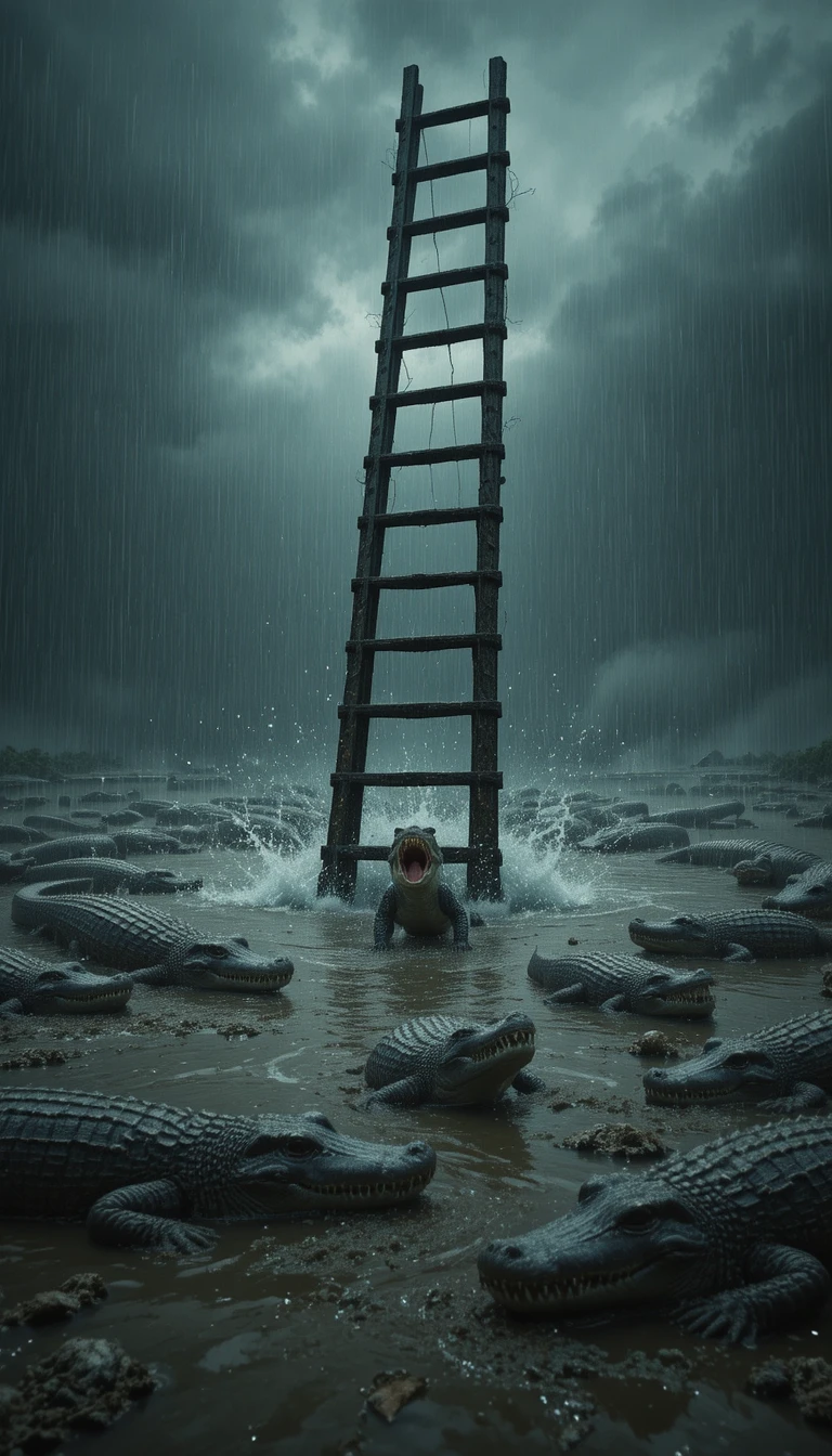Small crocodile approaches ladder in dark rainy swamp
