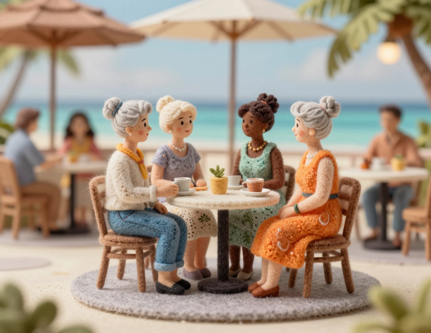 Mujeres mayores elegantes en una escena de cafetería en miniatura de fieltro