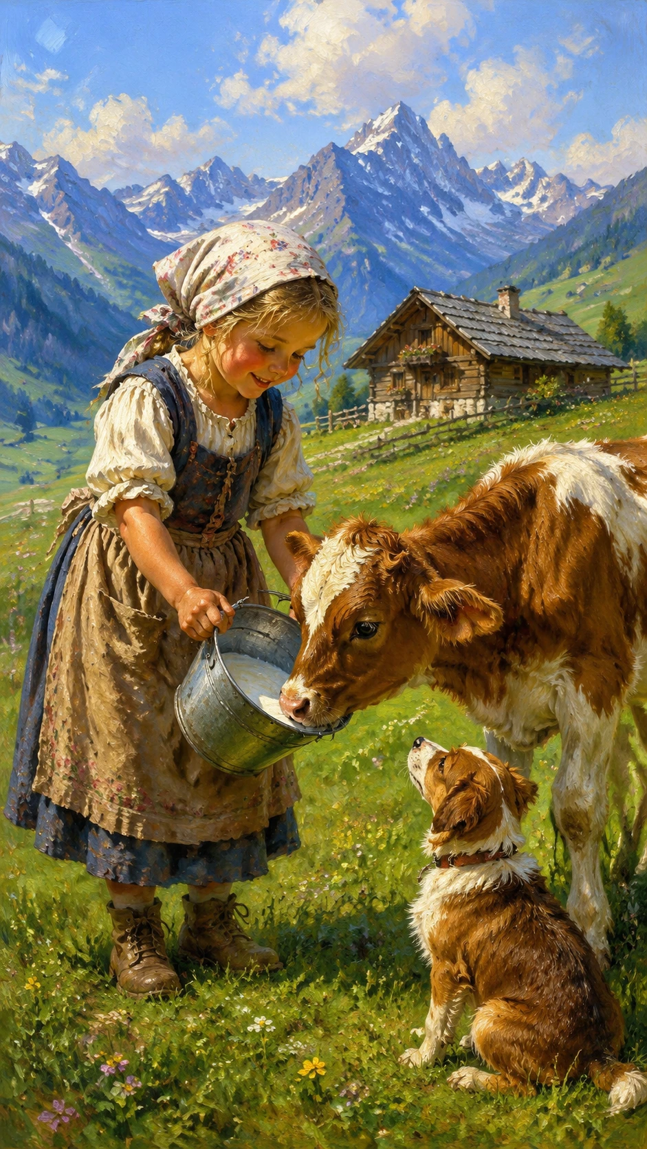 Chica de granja alimentando a un ternero en un prado soleado de montaña