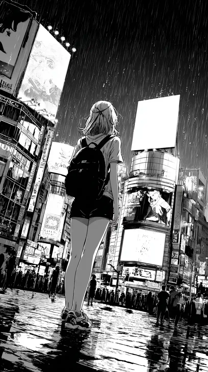 Anime woman walking through rainy neon lit city street