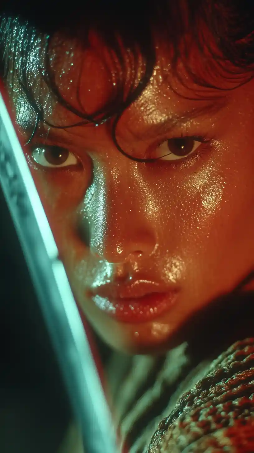 Warrior woman holding a Japanese sword in cinematic style