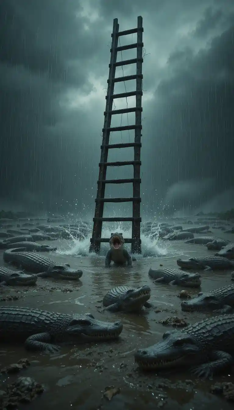 Small crocodile approaches ladder in dark rainy swamp