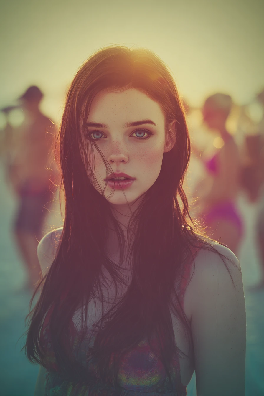 Joven mujer encantadora en una playa al atardecer tropical
