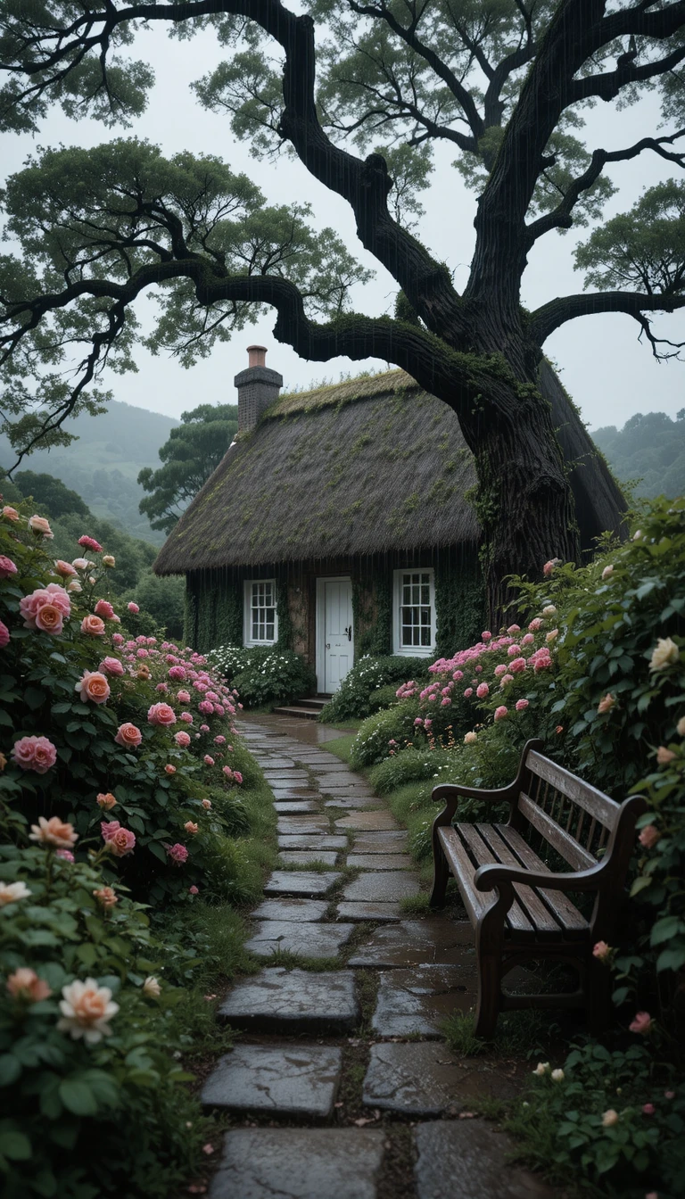Thatched cottage in a rainy overgrown garden