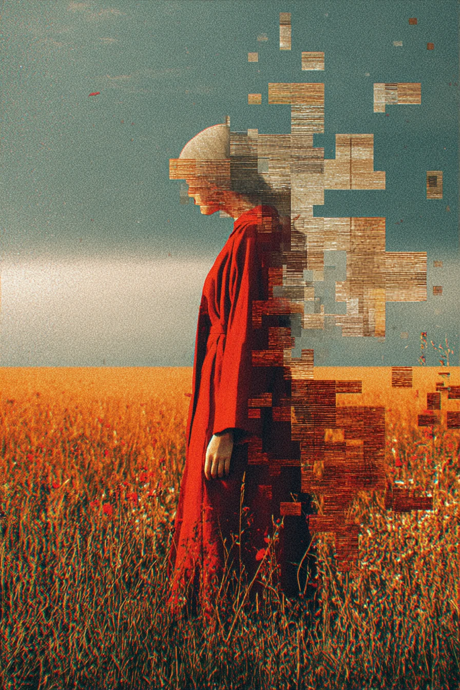Mujer surreal disolviéndose en un espacio onírico rojo con glitch