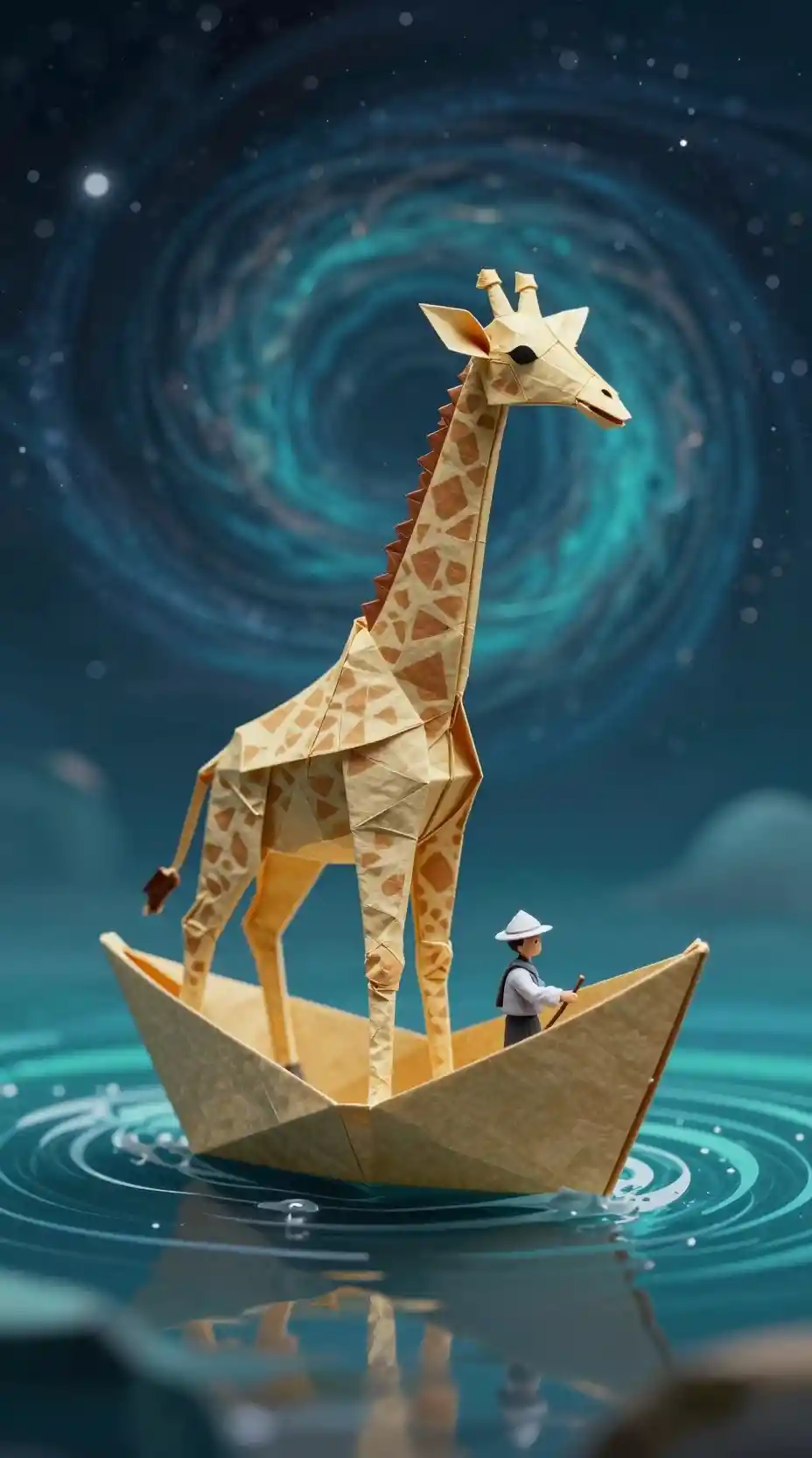 Barca giraffa di origami che naviga in un oceano cosmico surreale