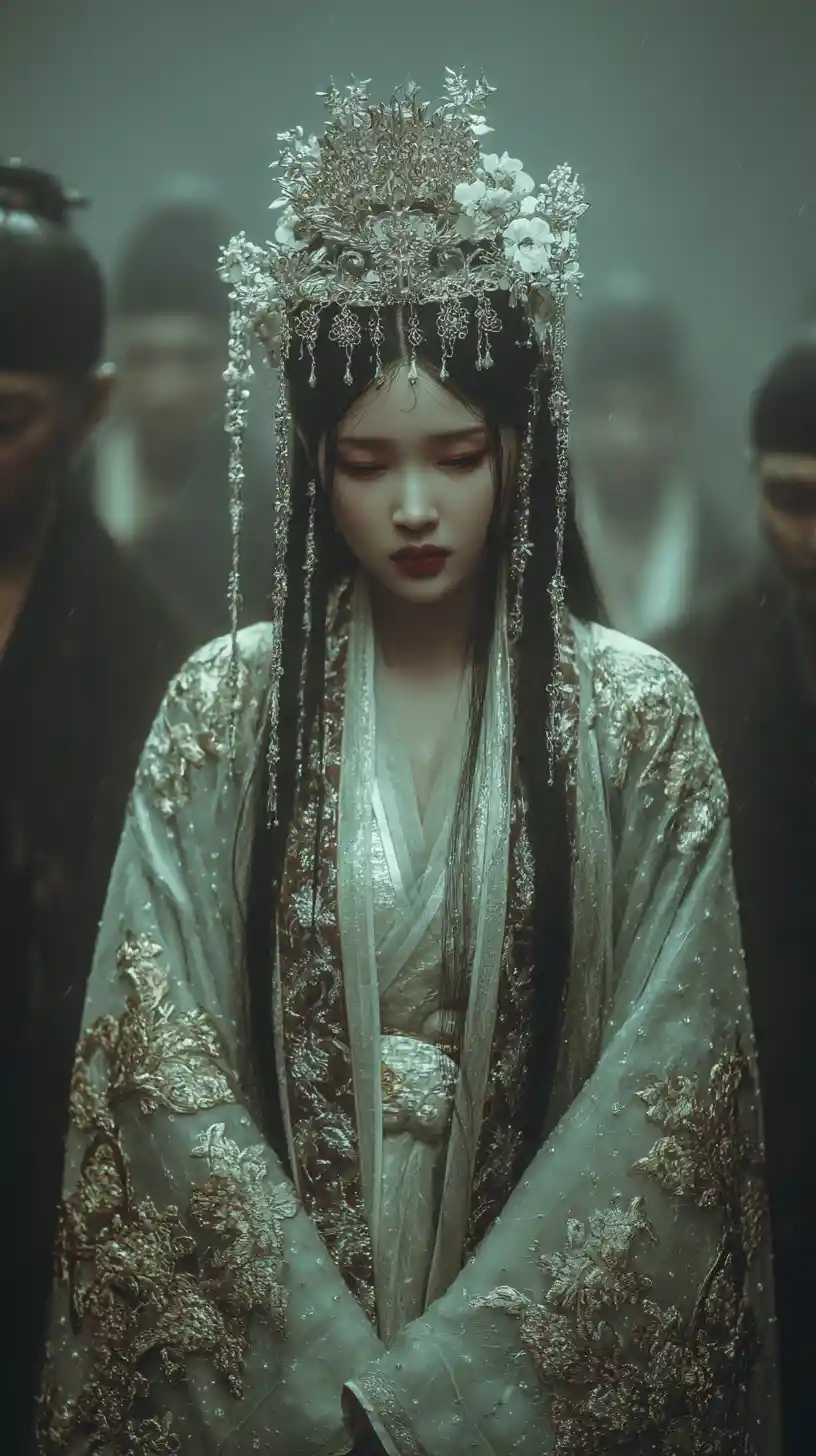 Solemn anime woman in jade robes with ornate headdress