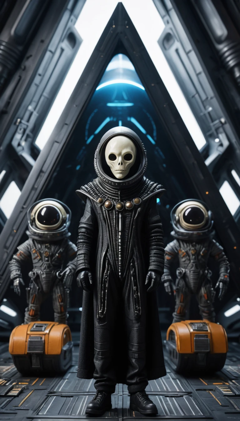 Alien creature in futuristic pyramid themed spaceship interior