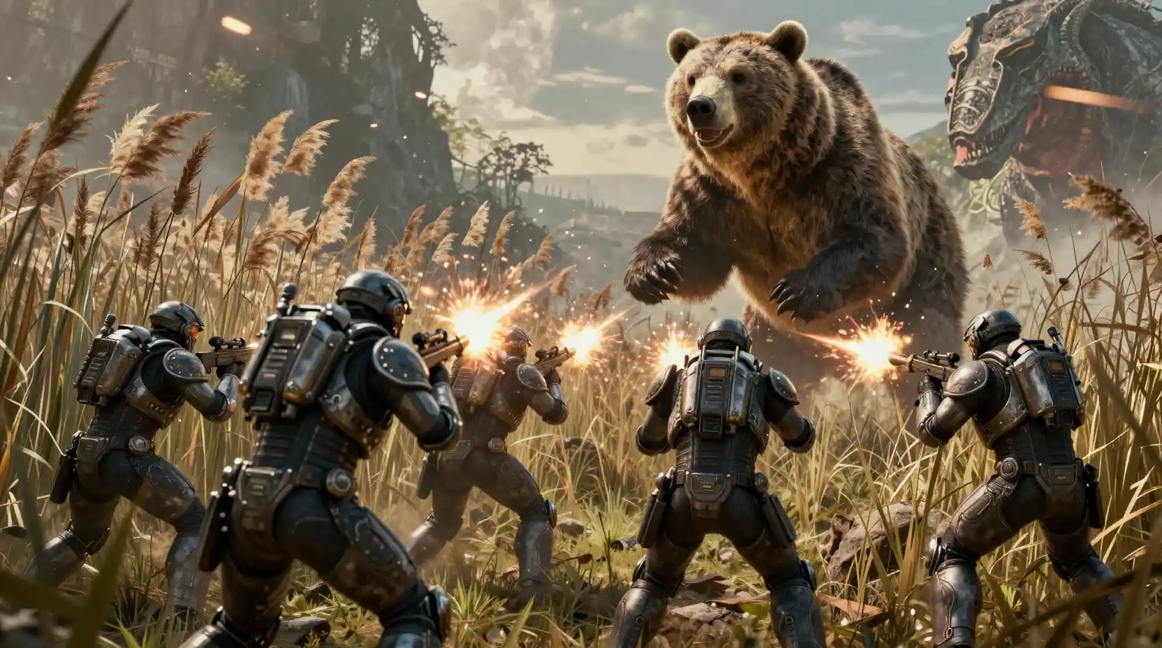 Futuristic warriors battling a colossal prehistoric bear