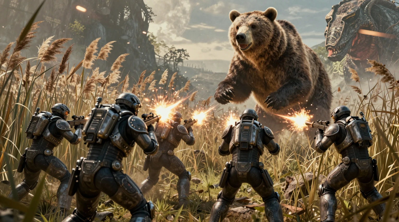 Futuristic warriors battling a colossal prehistoric bear