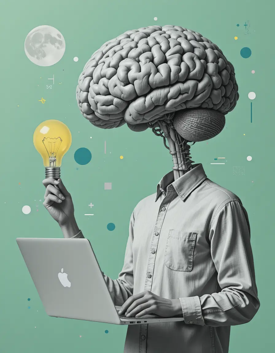 Surreal collage figure with brain head using laptop and bulb