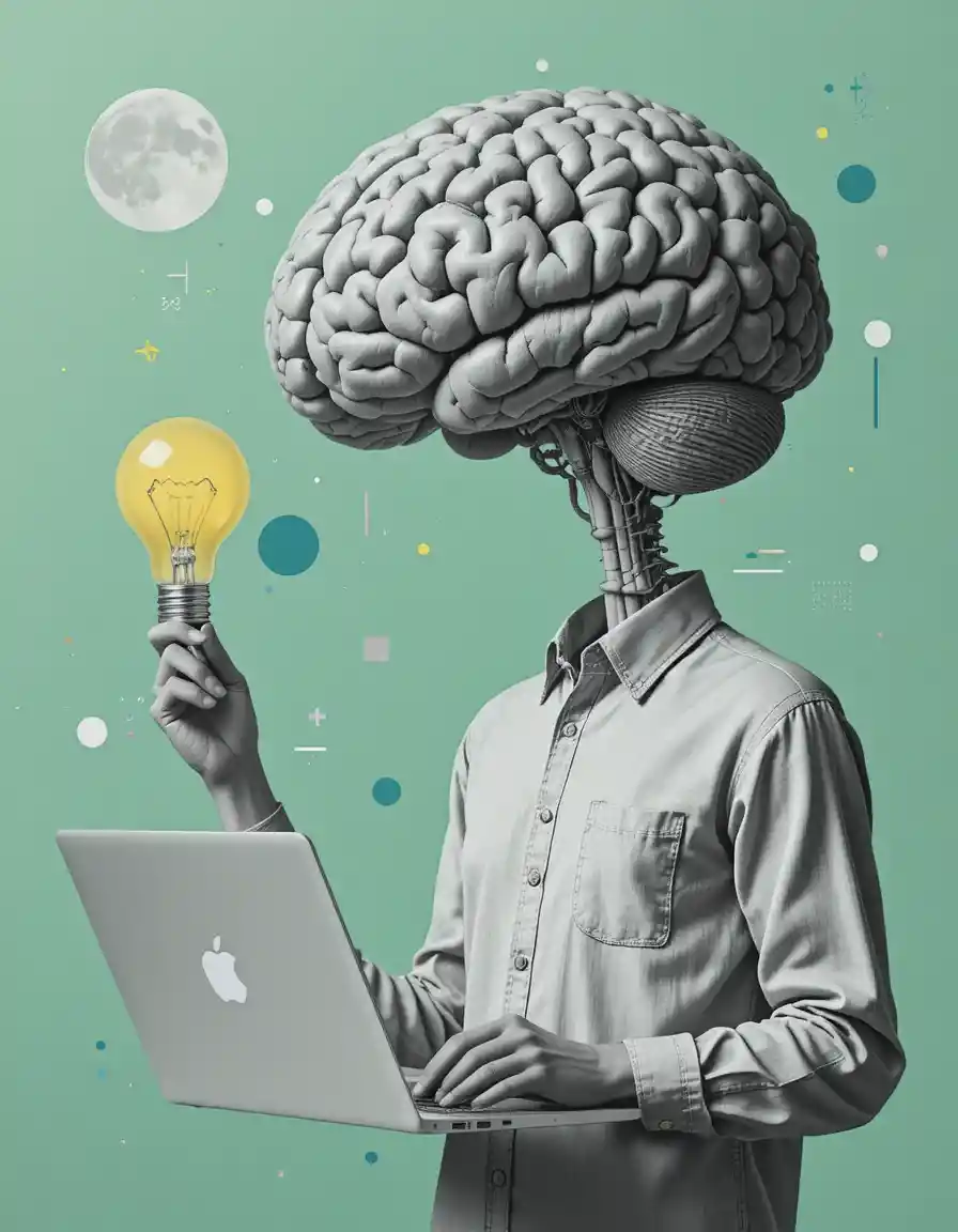 Surreal collage figure with brain head using laptop and bulb