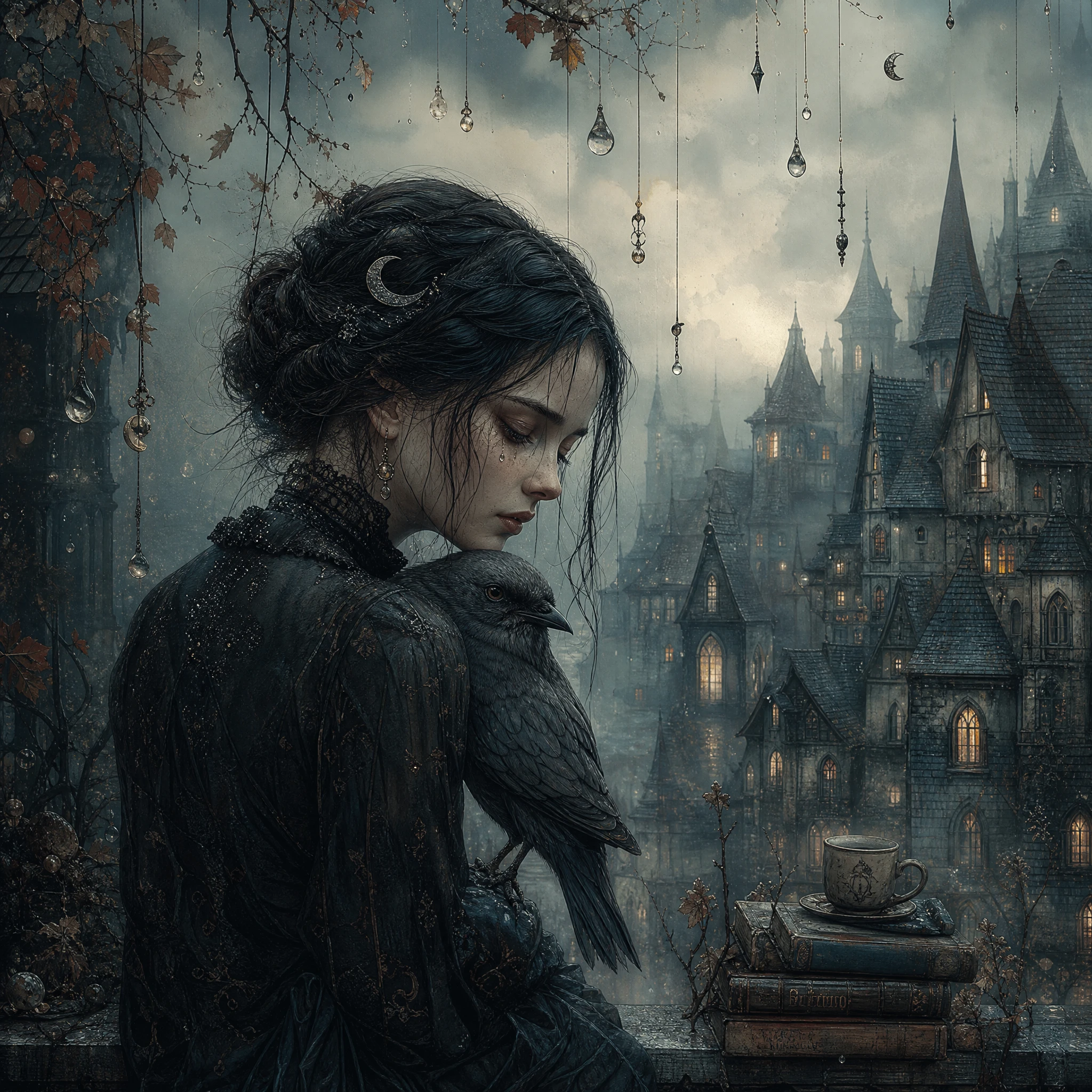 Sad surreal woman with bird in foggy gothic town