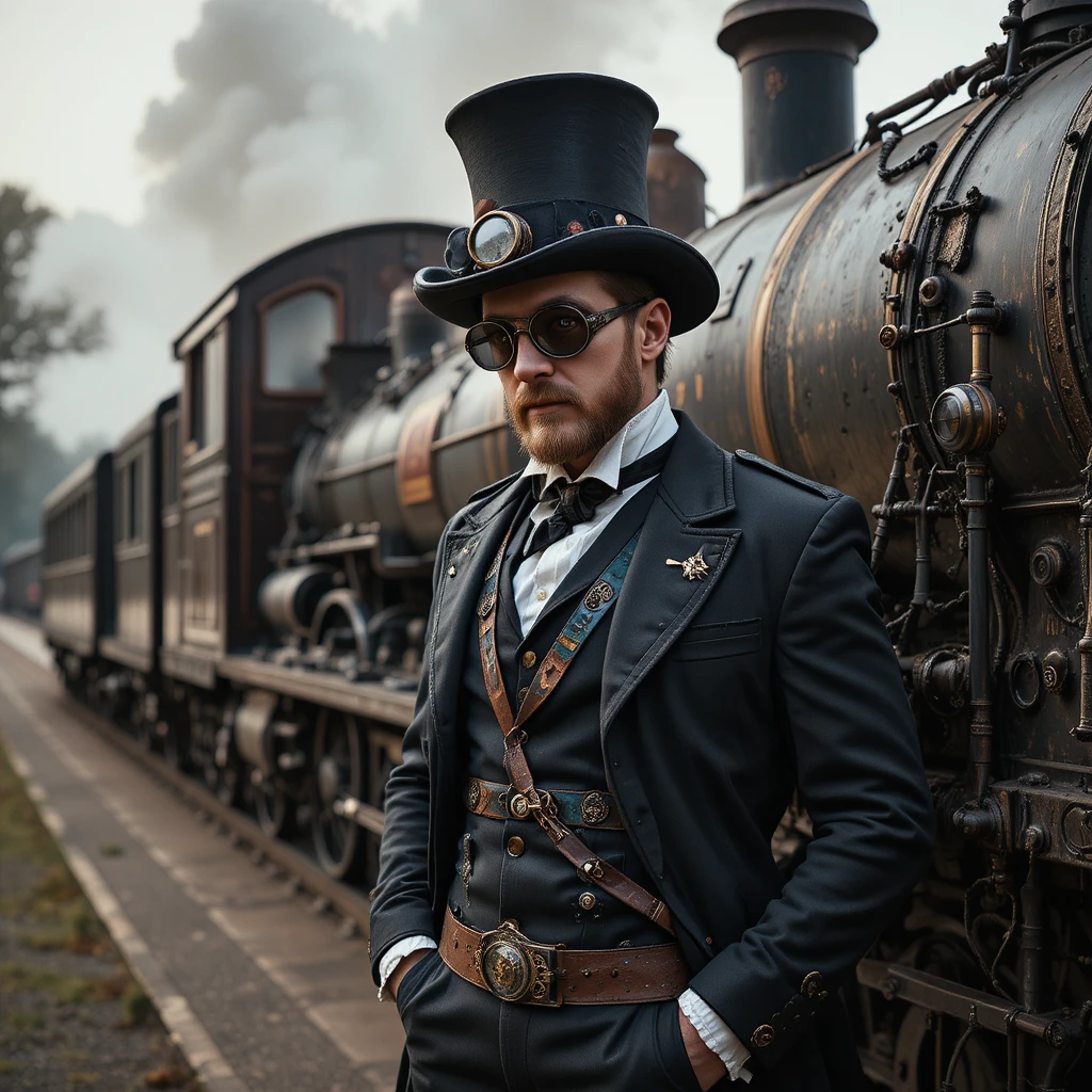 Steampunk gentleman beside a Victorian steam train with goggles