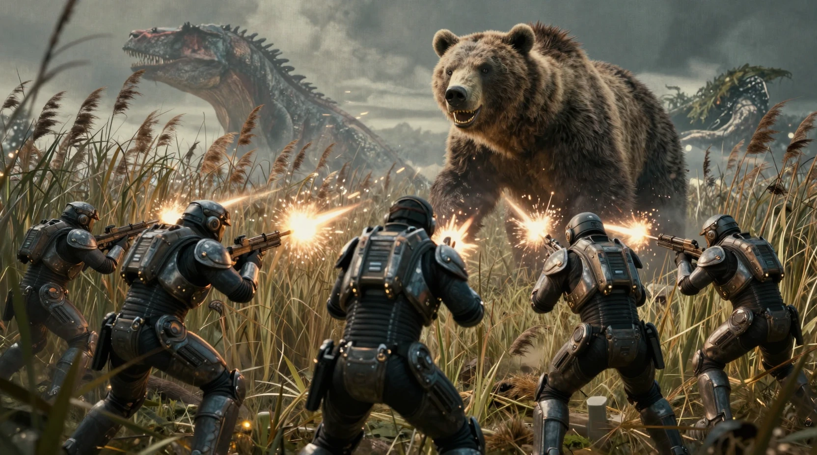 Futuristic warriors battle a towering prehistoric bear in reeds