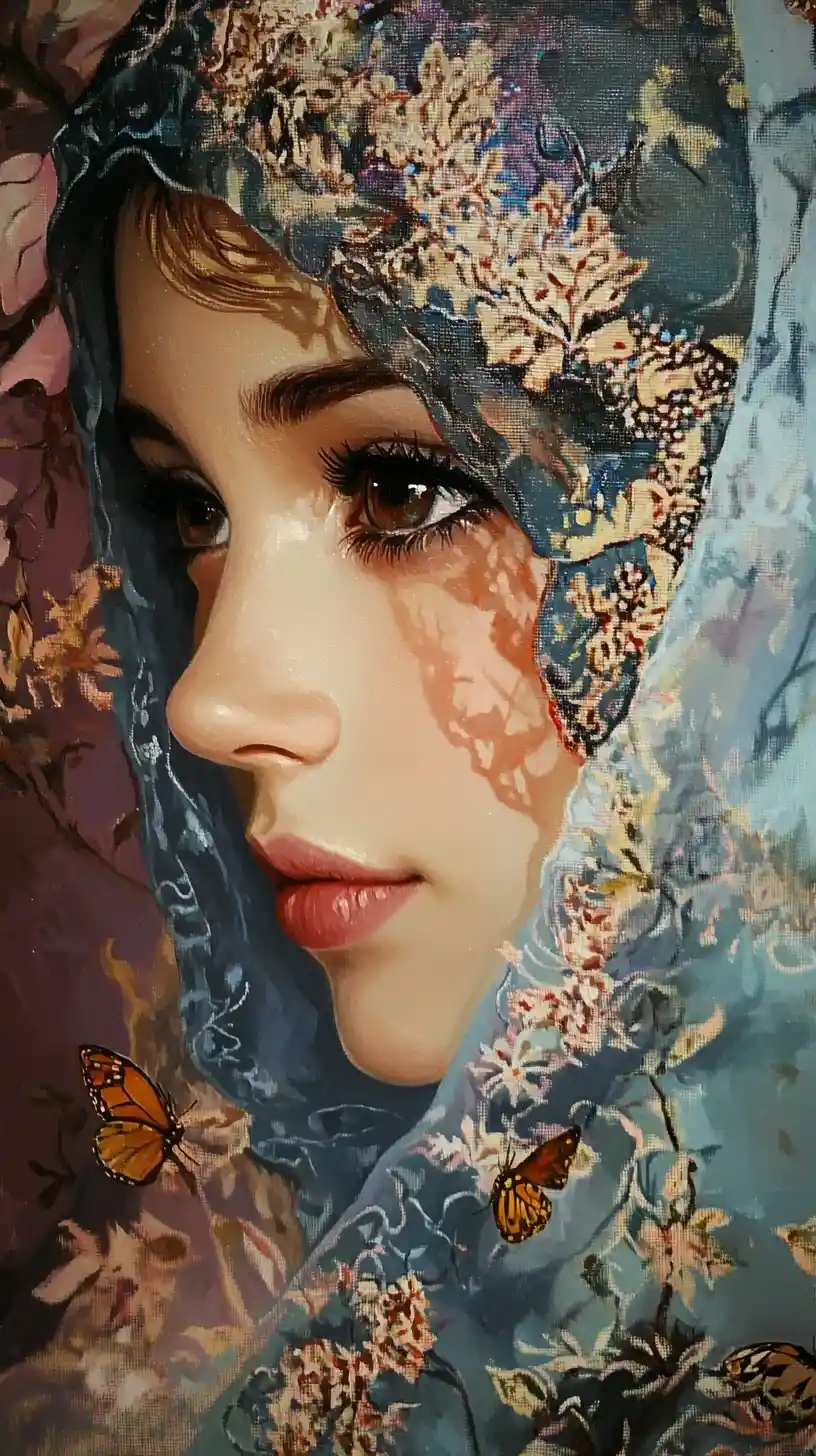 Melancholic girl in profile behind a blue veiled portrait