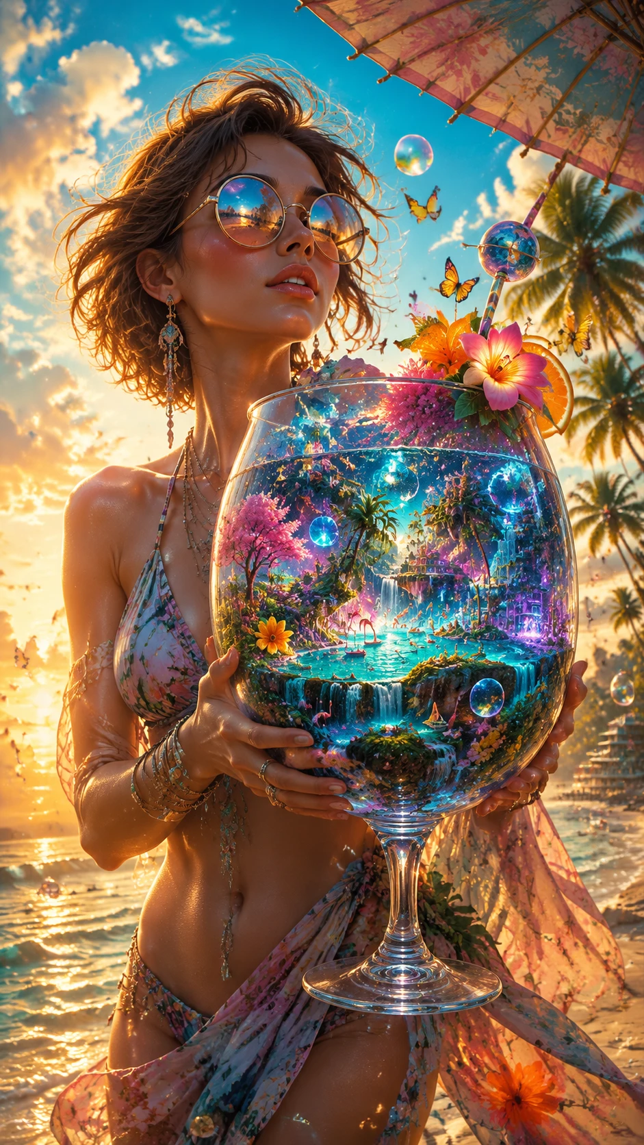 Mujer elegante en playa tropical con cóctel galaxia