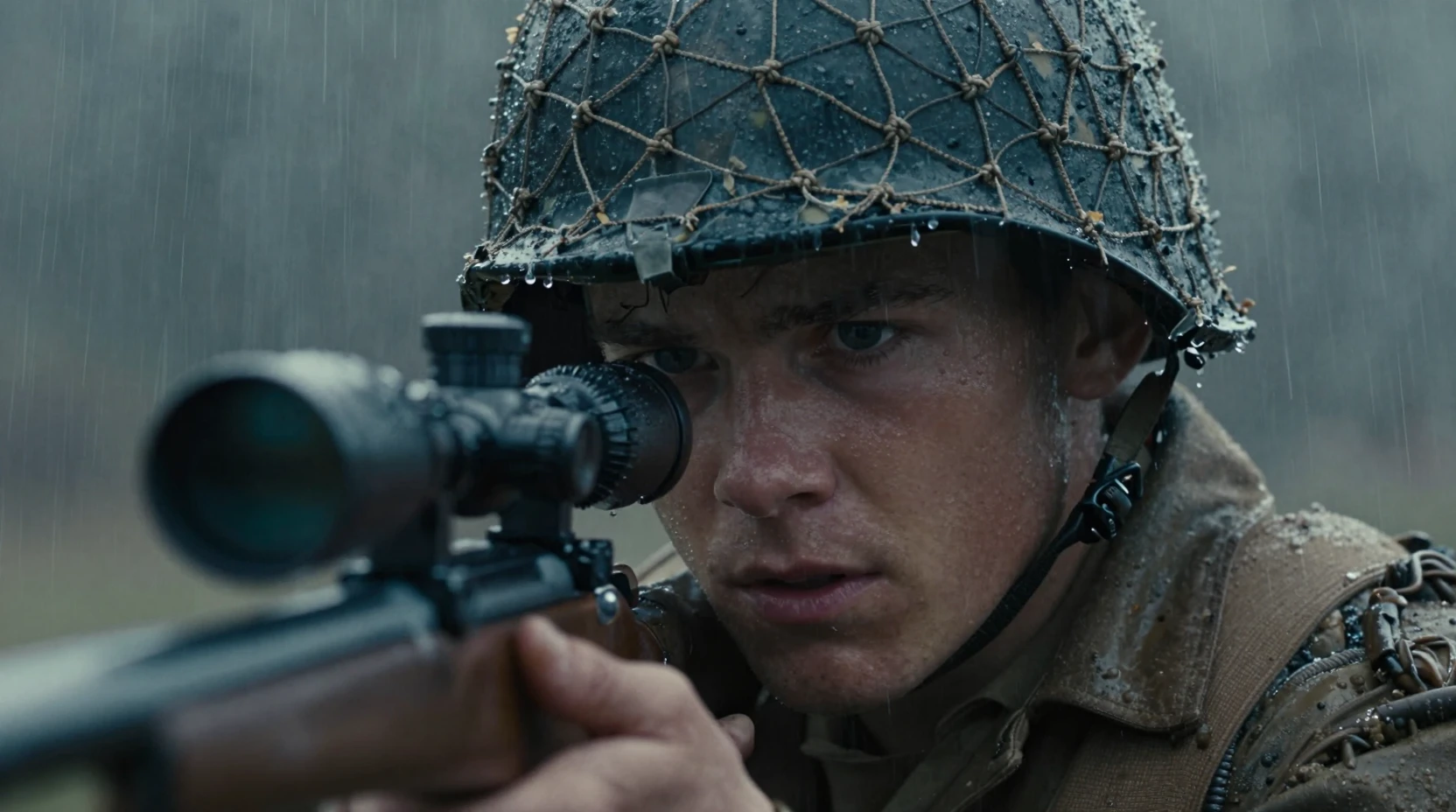 Young soldier aiming sniper rifle in heavy battlefield rain