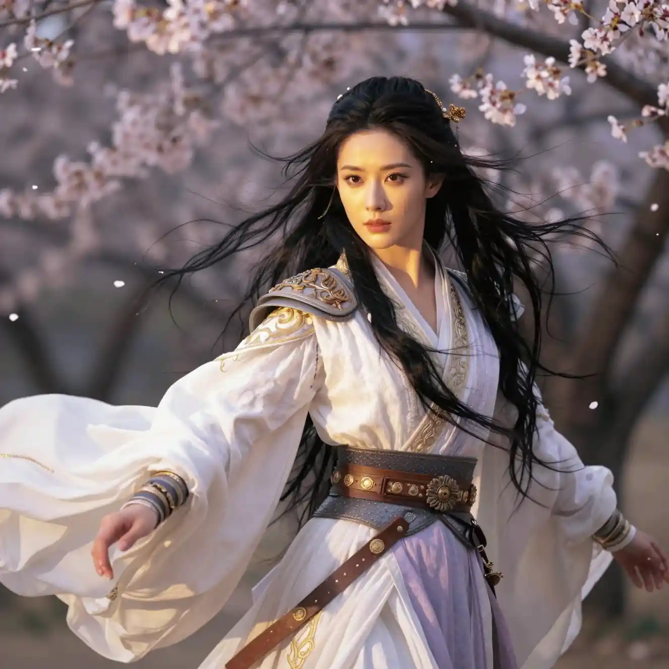 Central Asian warrior woman under pink cherry blossoms