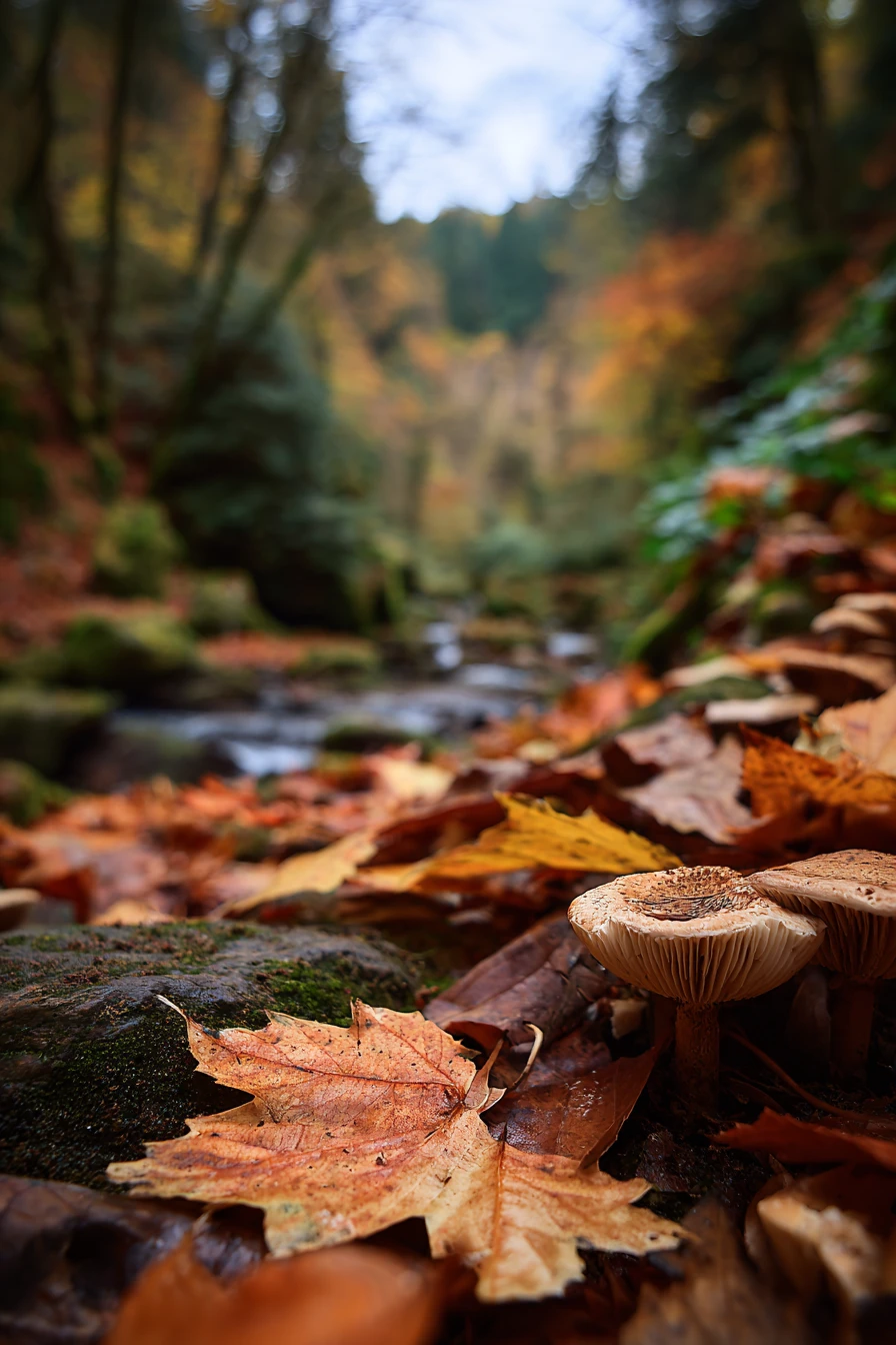 Autumn gorge with falling leaves and quiet water