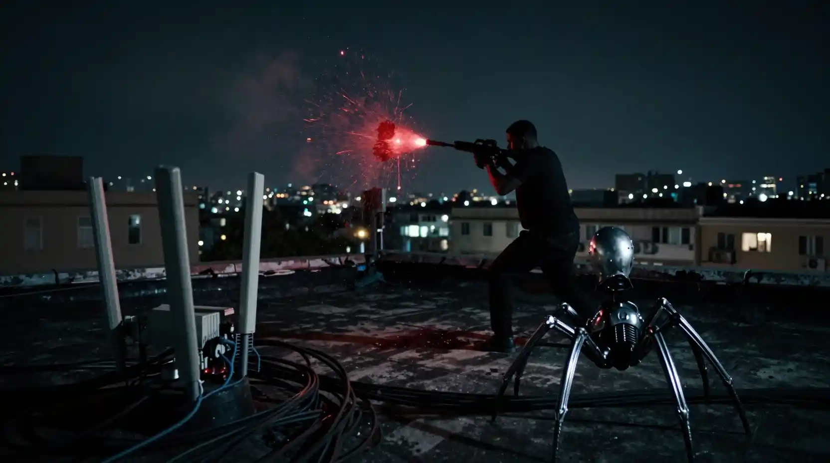 Cinematic rooftop shooting with hidden armored figure at night