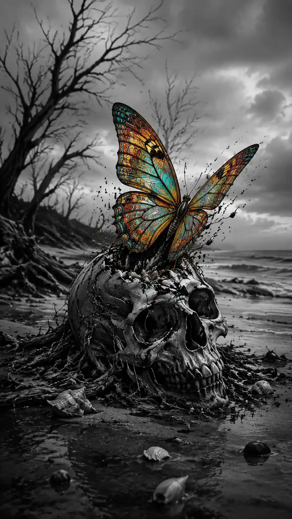 Colorful butterfly rising from skull in monochrome landscape
