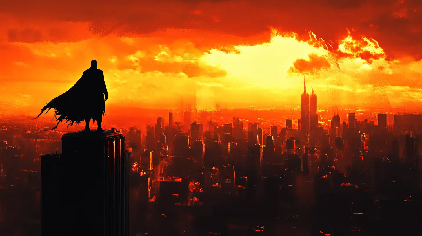 Mysterious figure on skyscraper at fiery city sunset