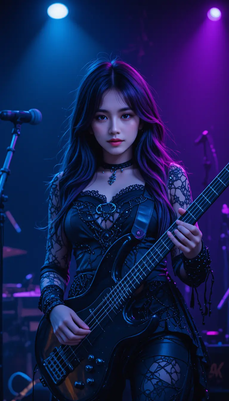 Donna gothic rock che suona il basso sotto un faretto drammatico