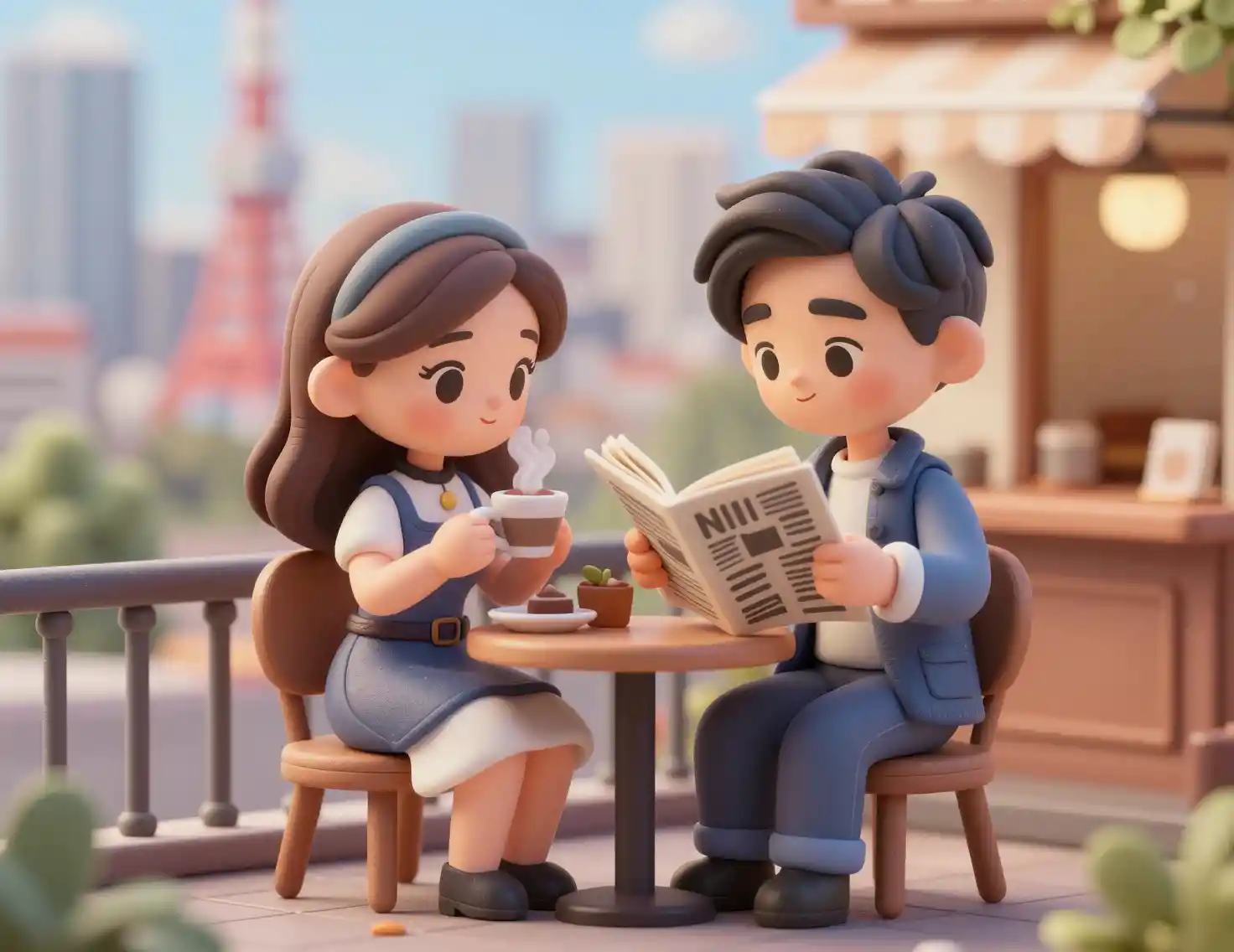 Chibi couple at a tiny balcony cafe in Tokyo at dusk